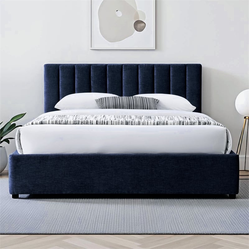 Pemberly Row Vertical Tufted Fabric Upholstered Platform Queen Bed in Blue