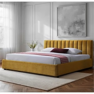 Pemberly Row Vertical Tufted Upholstered Platform King Bed in Gold Fabric