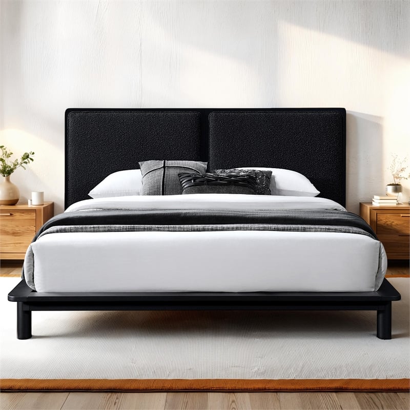 Pemberly Row Queen Size Wood Platform Bed in Black Frame and Black Boucle