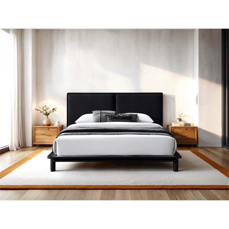 Pemberly Row Queen Size Wood Platform Bed in Black Frame and Black Boucle