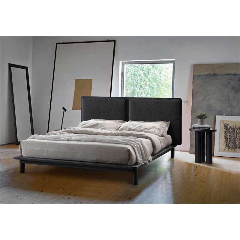 Pemberly Row Queen Size Wood Platform Bed in Black Frame and Black Boucle