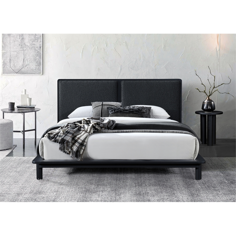 Pemberly Row Queen Size Wood Platform Bed in Black Frame and Black Boucle