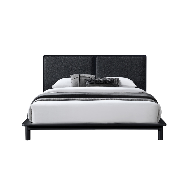 Pemberly Row Queen Size Wood Platform Bed in Black Frame and Black Boucle