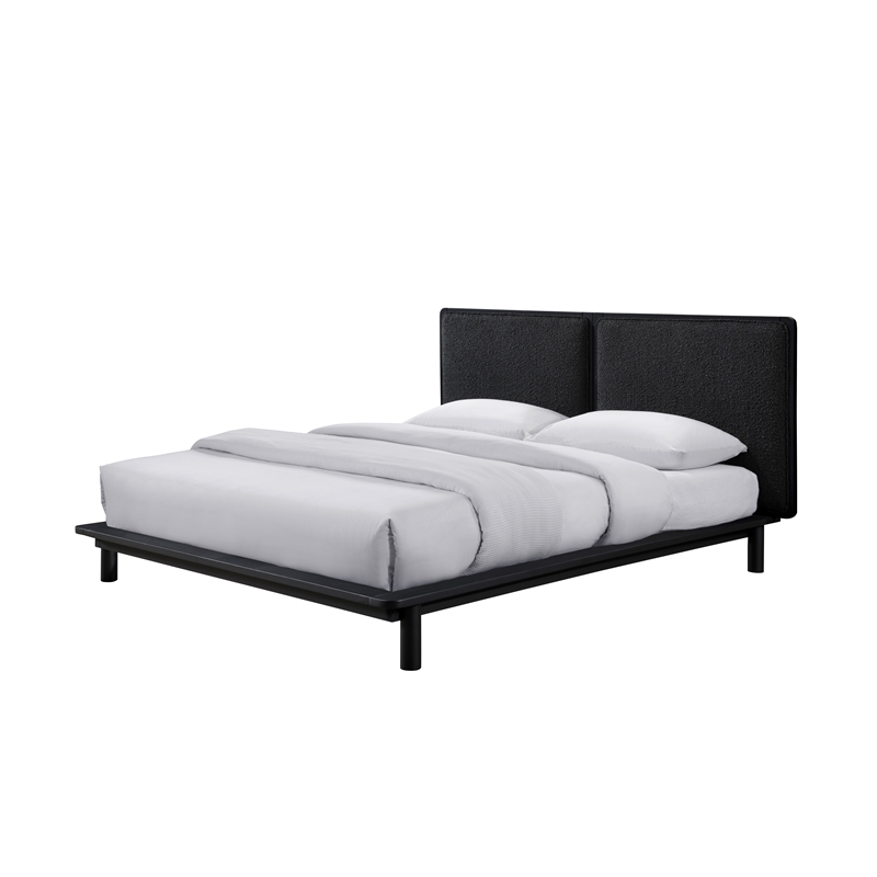 Pemberly Row Queen Size Wood Platform Bed in Black Frame and Black Boucle