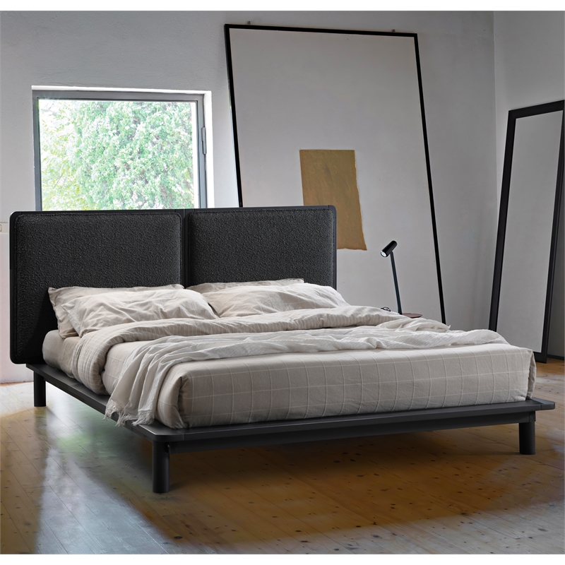 Pemberly Row Queen Size Wood Platform Bed in Black Frame and Black Boucle