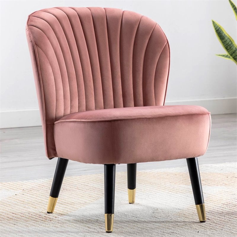Pemberly Row Wood and Velvet Upholstered Accent Chair with Gold Tips in Pink