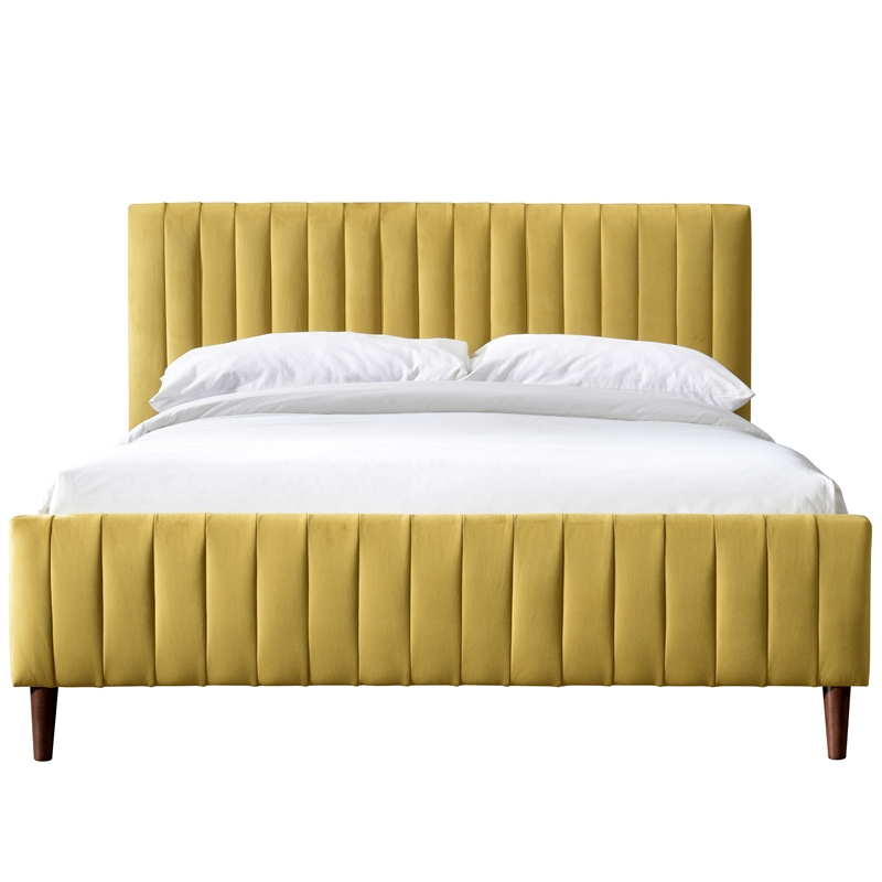 Pemberly Row Wood and Fabric Upholstered Queen Platform Bed in Gold Velvet