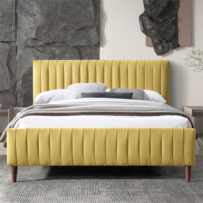 Pemberly Row Wood and Fabric Upholstered Queen Platform Bed in Gold Velvet