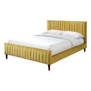 Pemberly Row Wood and Fabric Upholstered Queen Platform Bed in Gold Velvet