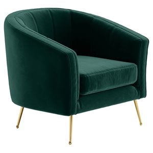 Pemberly Row Barrel Steel and Velvet Accent Chair with Gold Legs in Green