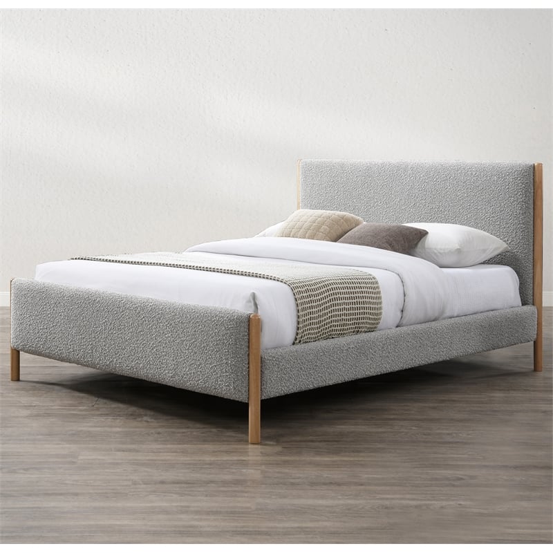 Pemberly Row Upholstered Platform Queen Bed with Wood Legs in Gray Boucle