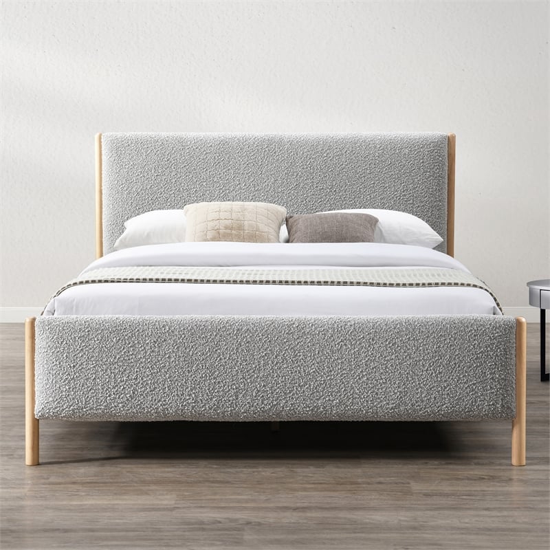 Pemberly Row Upholstered Platform Queen Bed with Wood Legs in Gray Boucle
