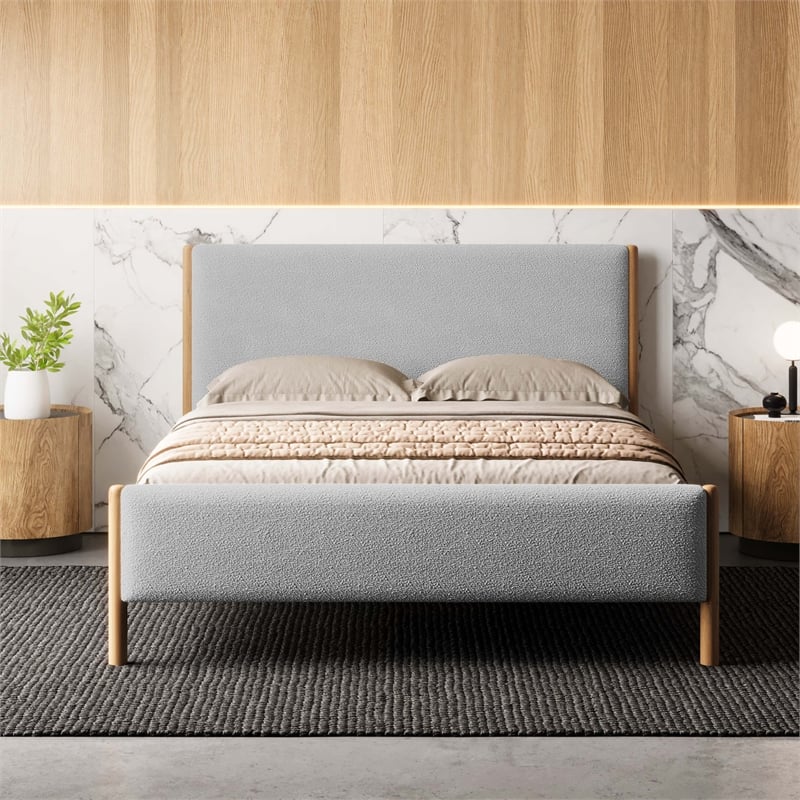 Pemberly Row Upholstered Platform Queen Bed with Wood Legs in Gray Boucle