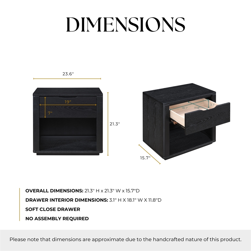 Pemberly Row Nightstand with Soft Close Drawer and Open Shelf in Black