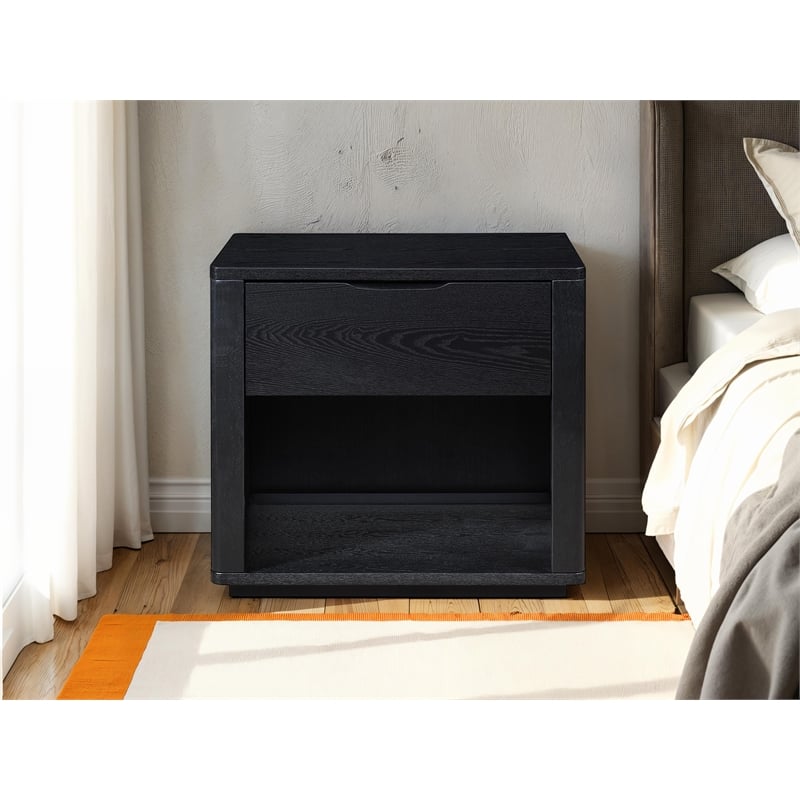 Pemberly Row Nightstand with Soft Close Drawer and Open Shelf in Black