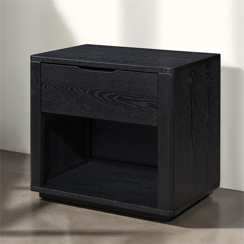 Pemberly Row Nightstand with Soft Close Drawer and Open Shelf in Black