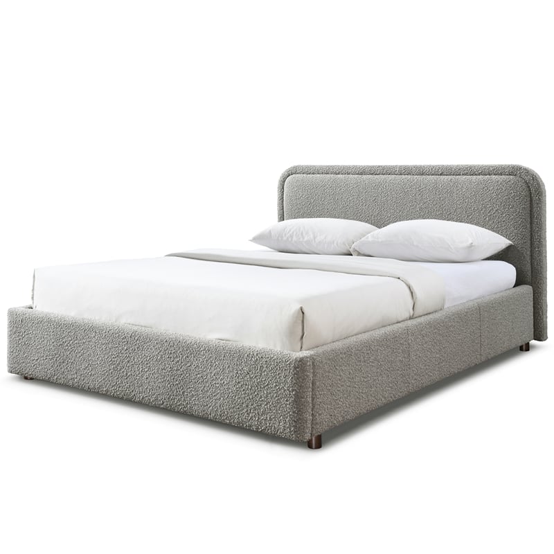 Pemberly Row Rounded Headboard Platform Queen Bed in Gray Boucle Fabric