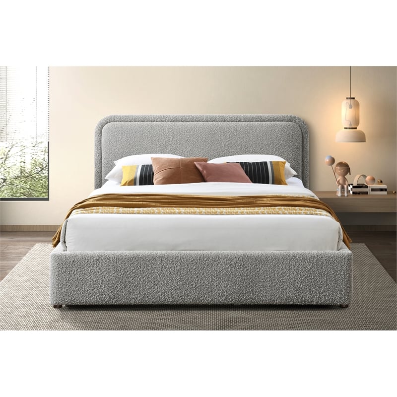 Pemberly Row Rounded Headboard Platform Queen Bed in Gray Boucle Fabric