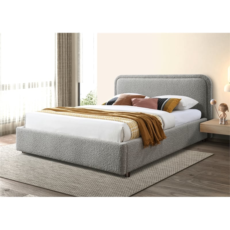 Pemberly Row Rounded Headboard Platform Queen Bed in Gray Boucle Fabric