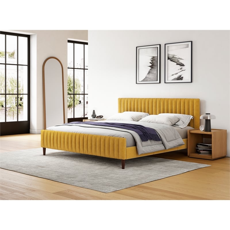 Pemberly Row Wood and Fabric Upholstered King Platform Bed in Mustard