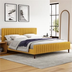Pemberly Row Wood and Fabric Upholstered King Platform Bed in Mustard