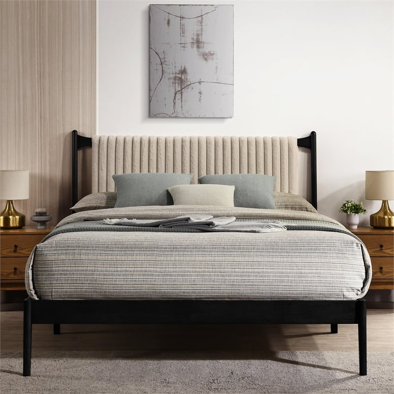 Pemberly Row Wooden Queen Size Platform Bed with Channeled Headboard in Black