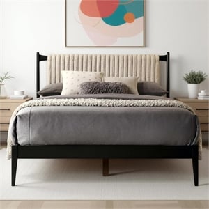 Pemberly Row Wooden Queen Size Platform Bed with Channeled Headboard in Black