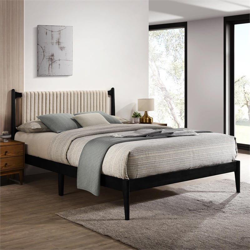 Pemberly Row Wooden Queen Size Platform Bed with Channeled Headboard in Black