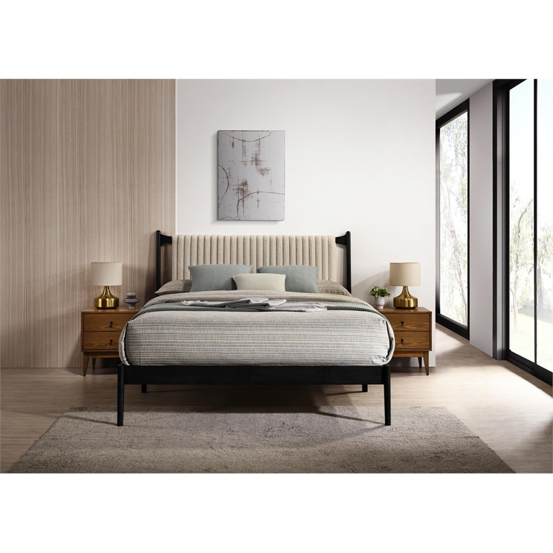 Pemberly Row Wooden Queen Size Platform Bed with Channeled Headboard in Black