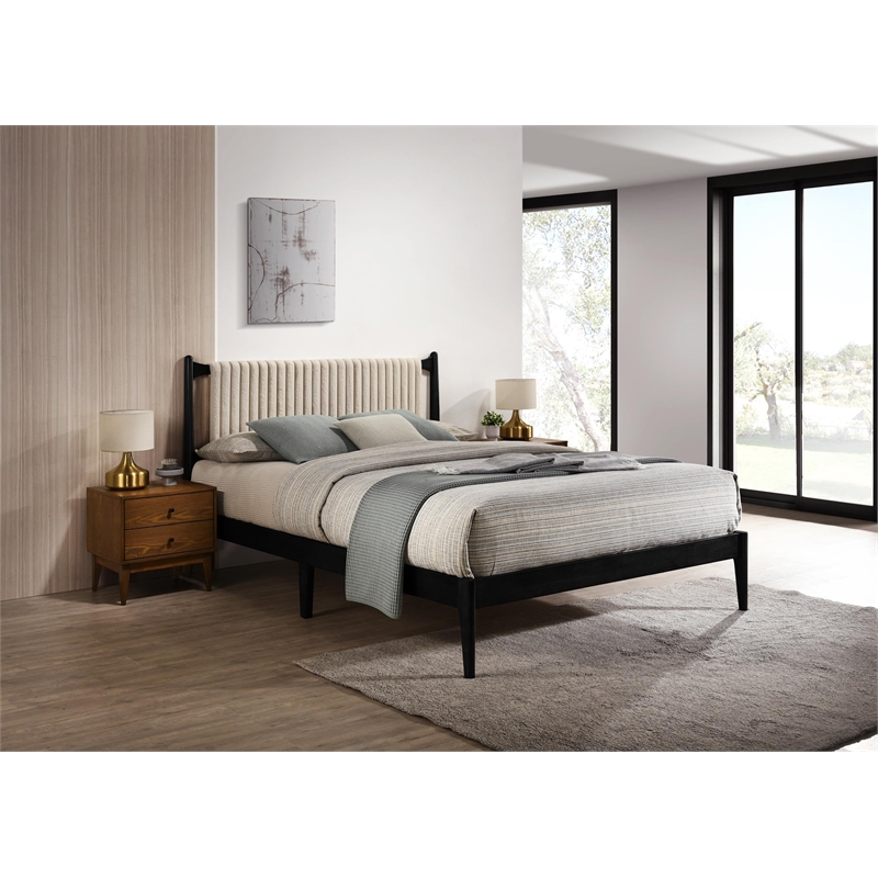 Pemberly Row Wooden Queen Size Platform Bed with Channeled Headboard in Black