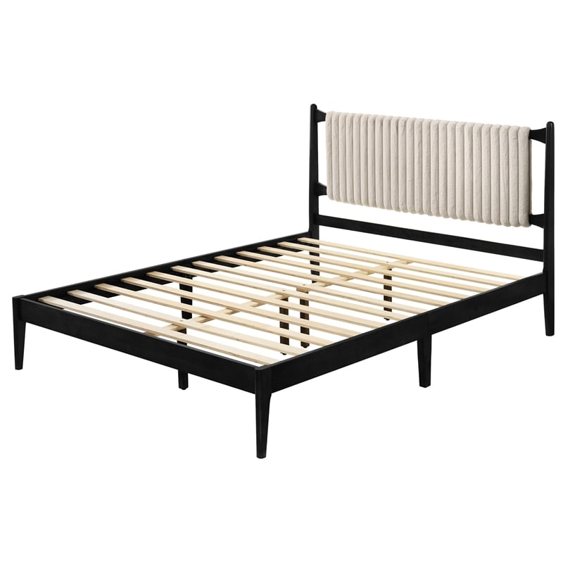 Pemberly Row Wooden Queen Size Platform Bed with Channeled Headboard in Black