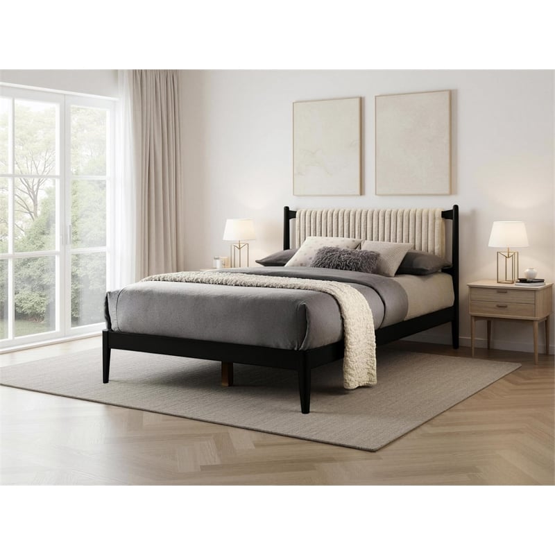 Pemberly Row Wooden Queen Size Platform Bed with Channeled Headboard in Black