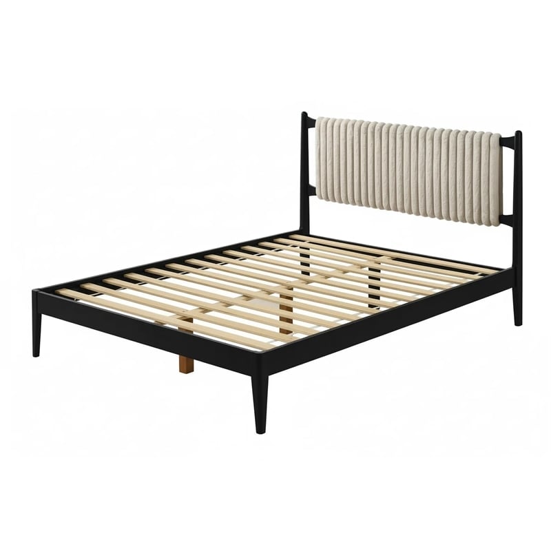 Pemberly Row Wooden Queen Size Platform Bed with Channeled Headboard in Black