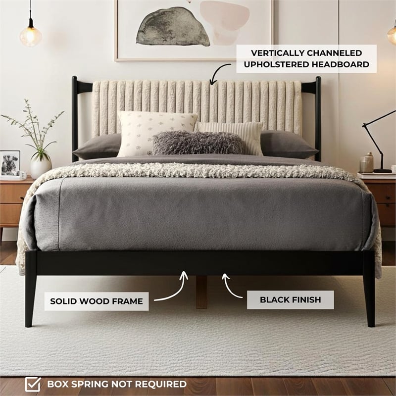 Pemberly Row Wooden Queen Size Platform Bed with Channeled Headboard in Black