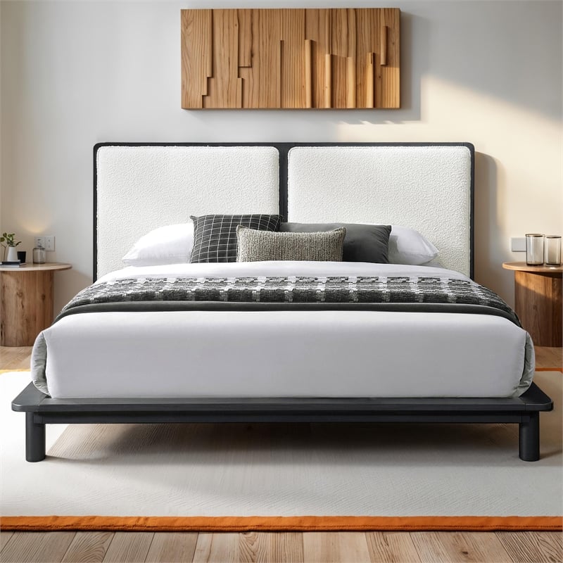 Pemberly Row Queen Size Wood Platform Bed in Black and Cream Beige Boucle