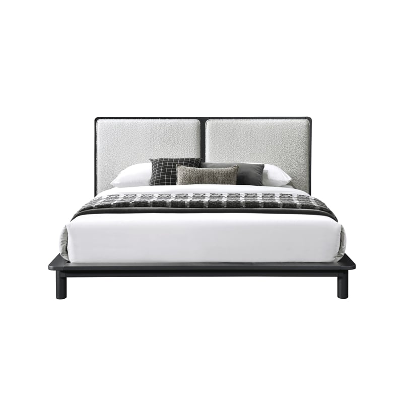 Pemberly Row Queen Size Wood Platform Bed in Black and Cream Beige Boucle