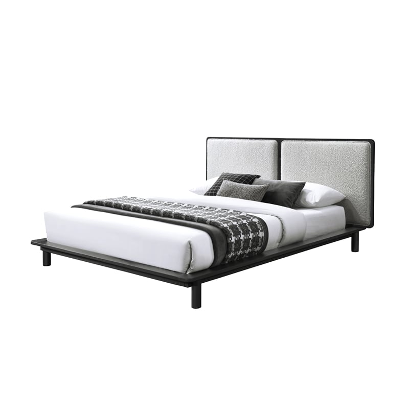 Pemberly Row Queen Size Wood Platform Bed in Black and Cream Beige Boucle