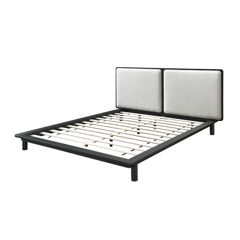 Pemberly Row Queen Size Wood Platform Bed in Black and Cream Beige Boucle