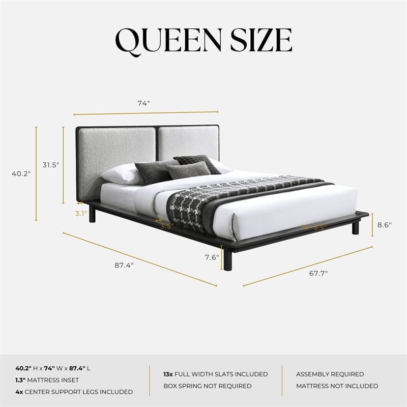 Pemberly Row Queen Size Wood Platform Bed in Black and Cream Beige Boucle