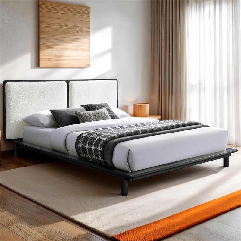 Pemberly Row Queen Size Wood Platform Bed in Black and Cream Beige Boucle