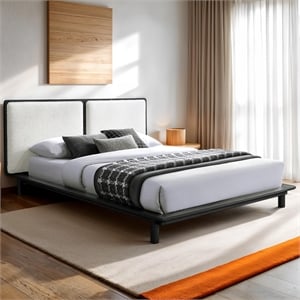 Pemberly Row Queen Size Wood Platform Bed in Black and Cream Beige Boucle