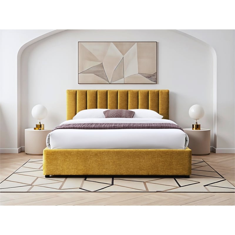 Pemberly Row Vertical Tufted Fabric Upholstered Platform Queen Bed in Gold