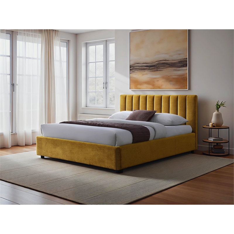 Pemberly Row Vertical Tufted Fabric Upholstered Platform Queen Bed in Gold