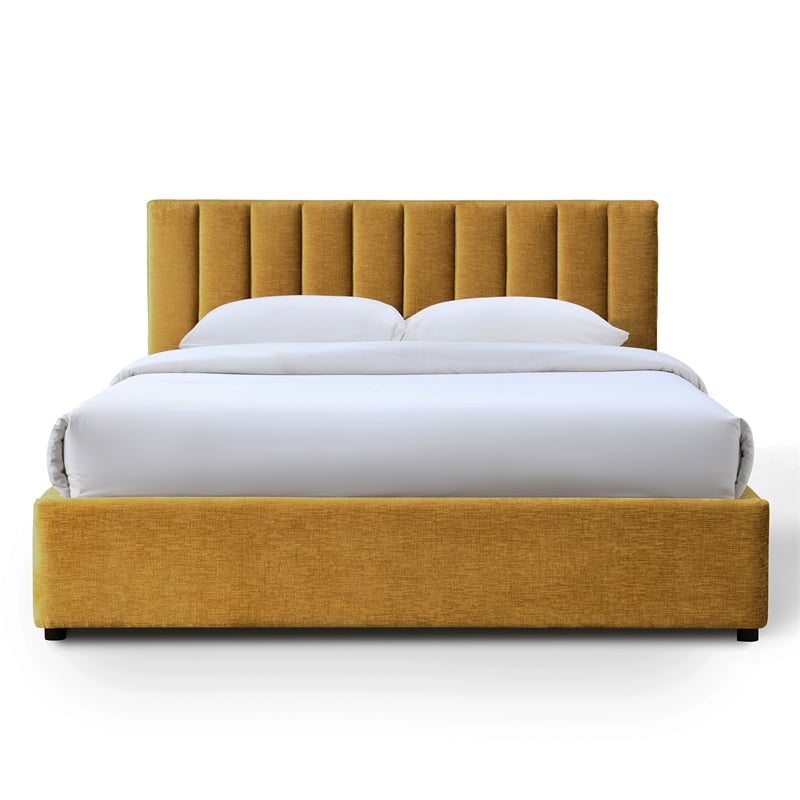 Pemberly Row Vertical Tufted Fabric Upholstered Platform Queen Bed in Gold