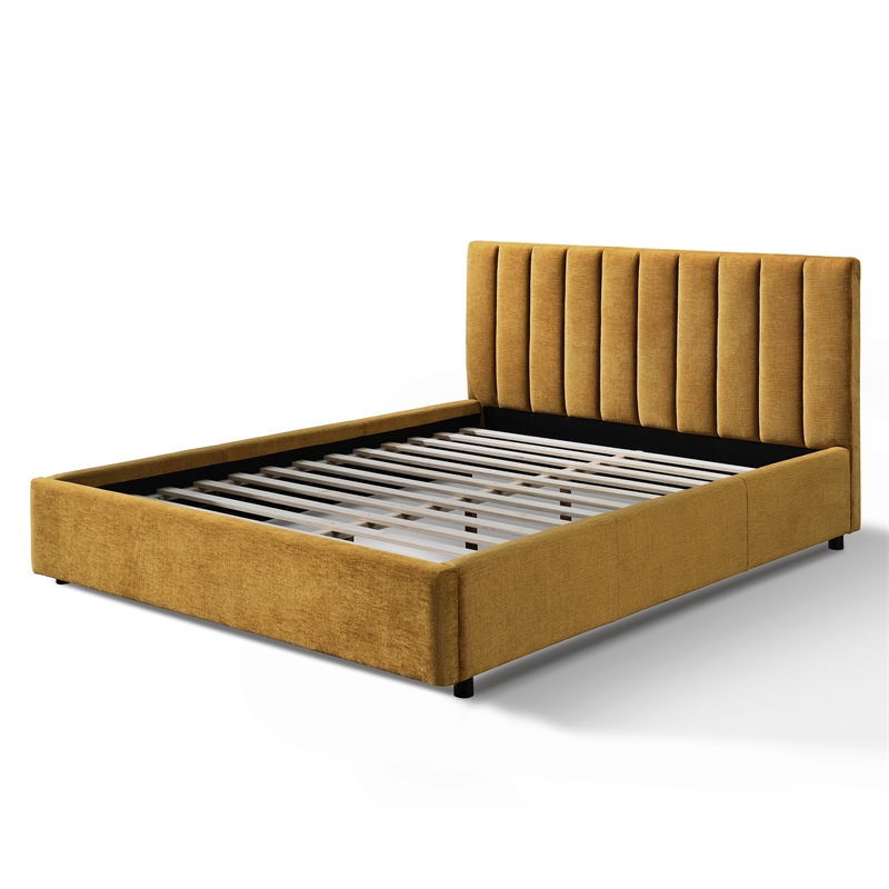 Pemberly Row Vertical Tufted Fabric Upholstered Platform Queen Bed in Gold