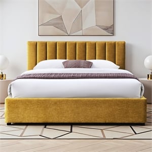 Pemberly Row Vertical Tufted Fabric Upholstered Platform Queen Bed in Gold