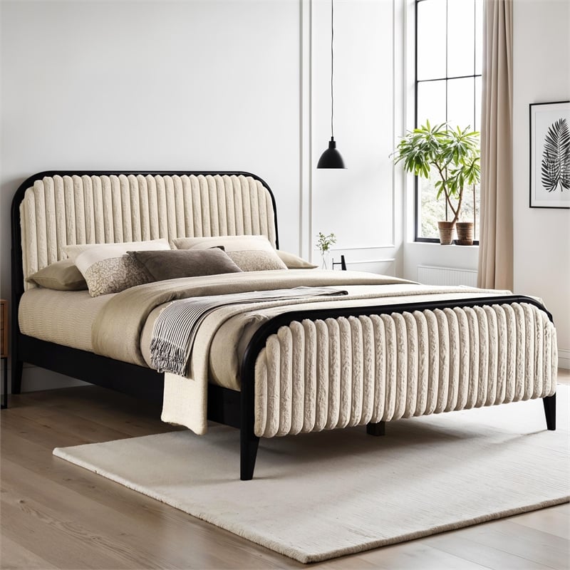 Pemberly Row Wooden Queen Size Channeled Platform Bed in Black and Beige