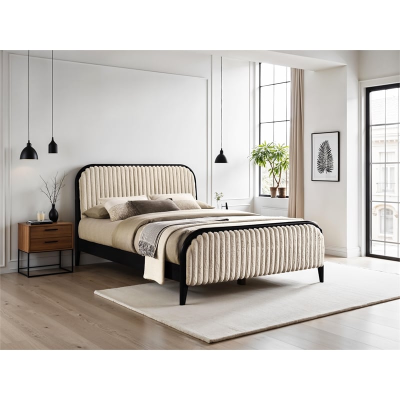 Pemberly Row Wooden Queen Size Channeled Platform Bed in Black and Beige