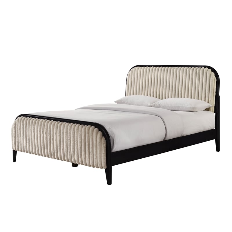 Pemberly Row Wooden Queen Size Channeled Platform Bed in Black and Beige