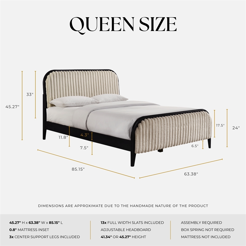 Pemberly Row Wooden Queen Size Channeled Platform Bed in Black and Beige